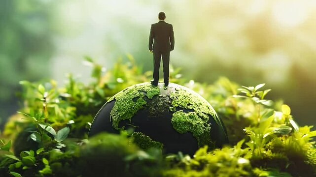 A businessman in suit standing on mini green world ball. ECO friendly. Saving, climate change. Sustainable source. Environmental concept	
