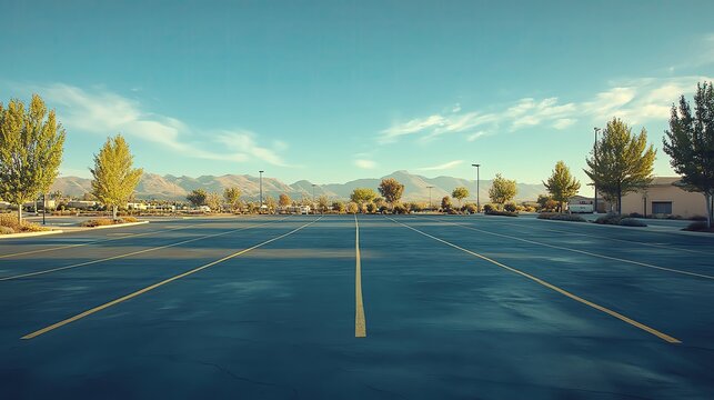 A wide-open parking lot under a clear blue sky, framed by distant mountains and lush trees, evoking emptiness and tranquility.