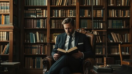 Respectable man in the old library. Classic vintage interior.