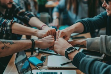 Team Collaboration and Partnership with Hands Stacked Over Laptops