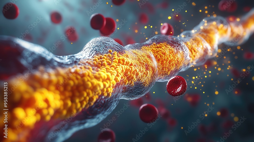 Poster abstract depiction of cellular structures, showcasing a vibrant network of blood cells and dynamic p