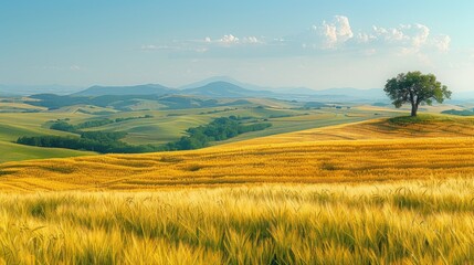 Obraz premium A single tree stands tall on a hilltop overlooking a vast golden field with rolling hills in the distance.