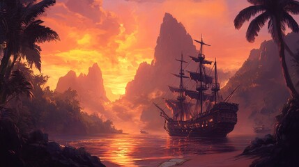 Majestic pirate ship sailing at sunset, surrounded by mountainous islands and lush palm trees.
