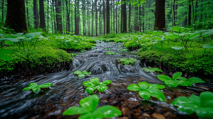 Obraz premium Tranquil Forest Stream, Spring Water Flowing Through Lush Greenery