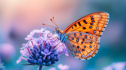 Obraz premium Bright Orange Butterfly on Purple Flower, Nature's Color Contrast
