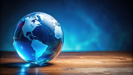 Glowing blue glass sphere, like a magical Earth globe, sits on a table, magical, glass, sphere, glowing, blue, Earth, globe