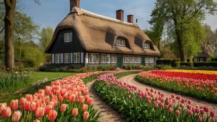 Thatched roof Dutch farmhouse with tulip-lined path