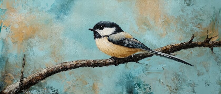 Oil painting depicting a chickadee perched on a branch