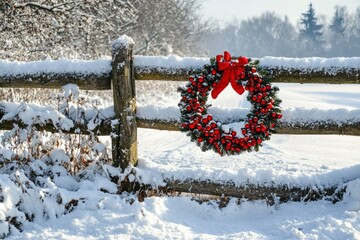 A Festive Christmas Wreath Hanging on a Snowy Wooden Fence