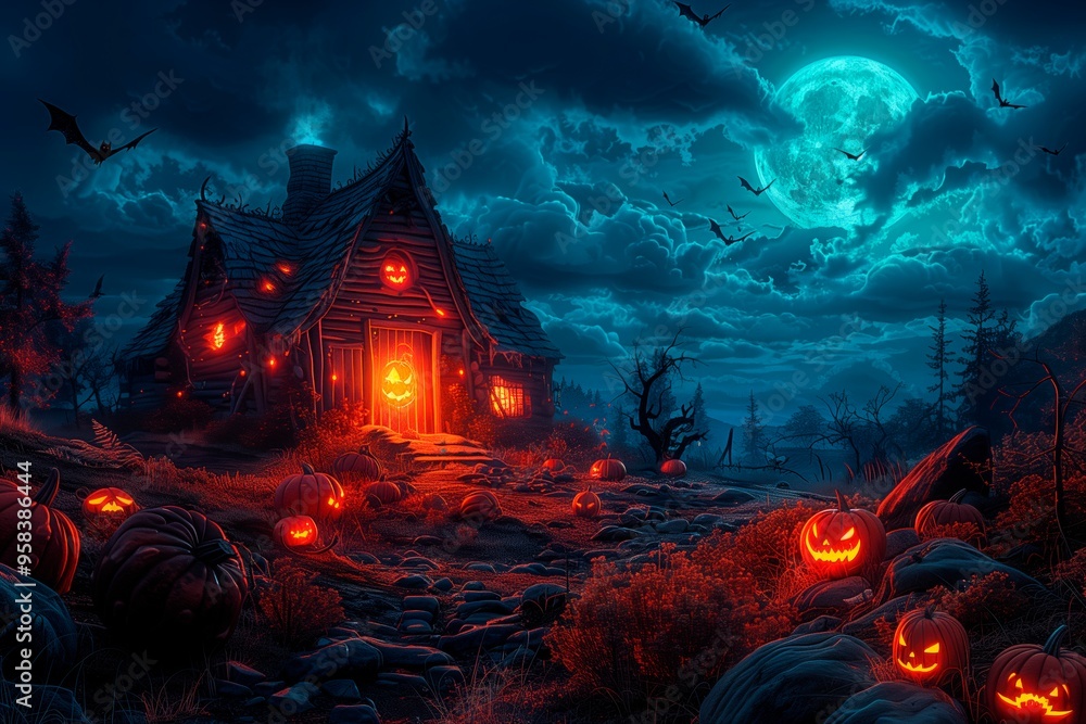 Wall mural haunted cottage glowing with jack-o'-lanterns under a full moon