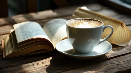 A cup of coffee with latte art and an open book on a wooden table.
