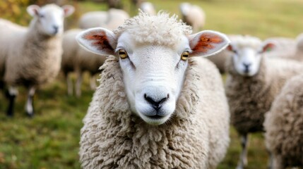 Large herd of sheep peacefully grazing on lush green field. Flock of sheep