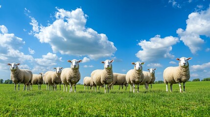 Fototapeta premium Large herd of sheep peacefully grazing on lush green field under a bright blue sky. Flock of sheep