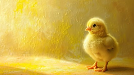 A small, fluffy yellow chicken is standing on a vibrant yellow background
