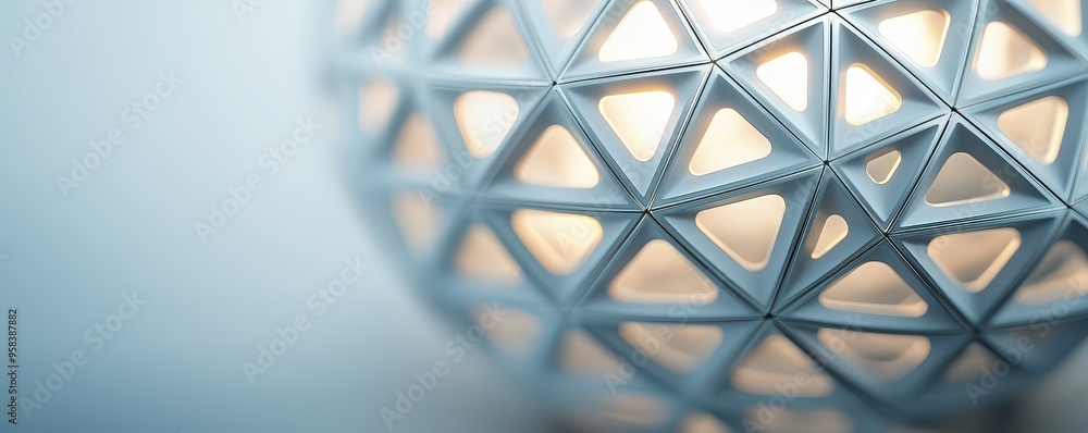 Poster close-up of a modern geometric lamp, showcasing intricate patterns and soft light, creating a serene