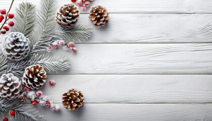 Fototapeta premium Winter Harmony: Snow-Covered Pine Cones and Icy Berries on Frosted Wood - Cozy Winter Cabin Background