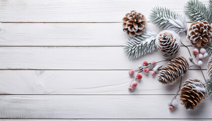 Winter Harmony: Snow-Covered Pine Cones and Icy Berries on Frosted Wood - Cozy Winter Cabin Background