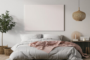Modern bedroom interior with a large blank frame hanging above the bed