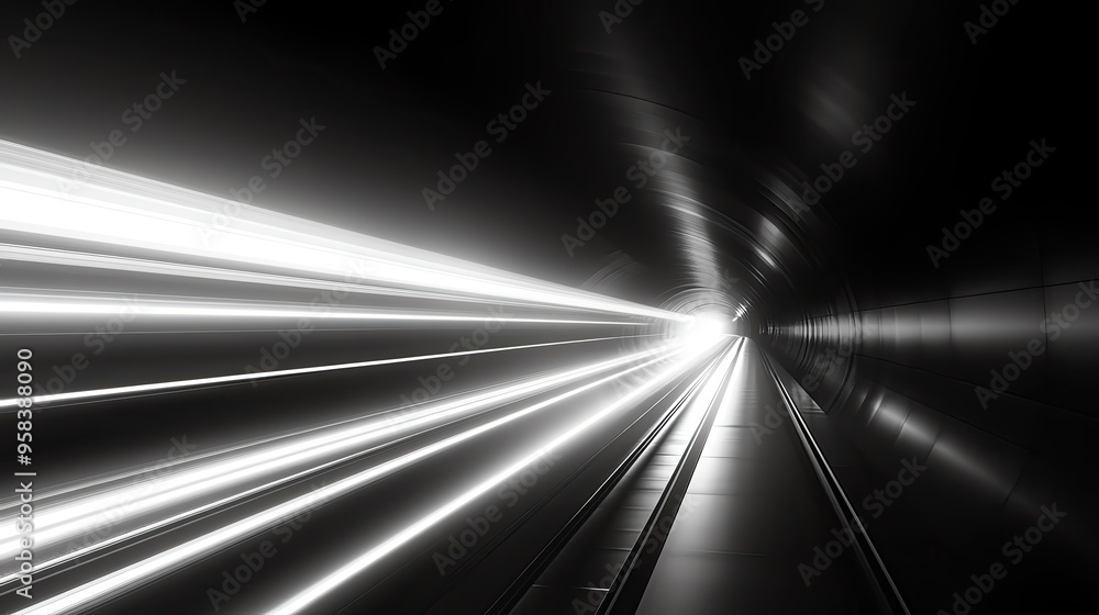 Poster an abstract view of a bright tunnel with light beams emanating from the end, creating a sense of spe