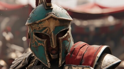 Medieval spartan warrior in helmet standing in front of the gloomy clouds