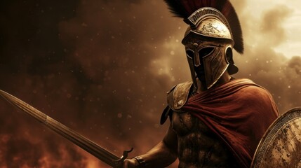 Medieval spartan warrior in helmet standing in front of the gloomy clouds