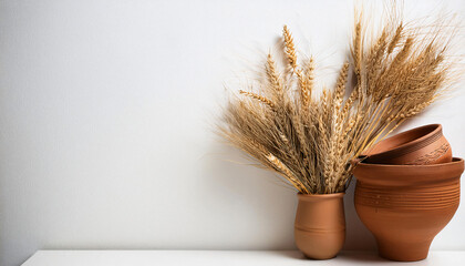 Natural Harmony: Dried Wheat Stalks and Earthen Clay Pots - Rustic Countryside Background