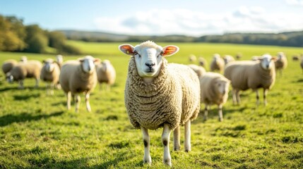 Fototapeta premium Large herd of sheep peacefully grazing on lush green field under a bright blue sky. Flock of sheep
