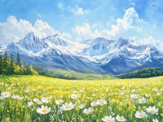 Fototapeta premium Oil painting depicting a stunning early spring scene in an alpine meadow under a clear blue sky