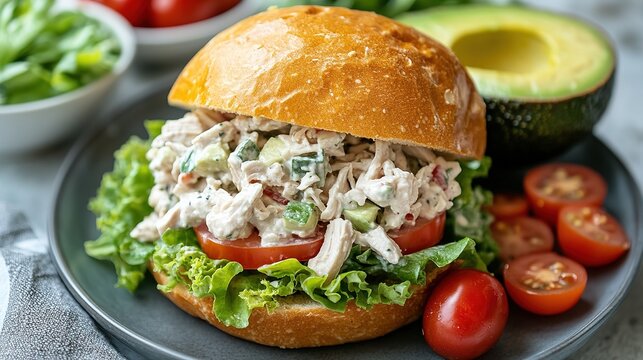Fresh and Healthy Chicken Salad Sandwich on a Rustic Bread Roll with Avocado, Tomatoes, and Lettuce - Perfect for a Light Lunch or Snack. Delicious and Nutritious Meal Idea.