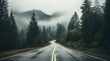 Misty mountain road, shrouded in ethereal fog,