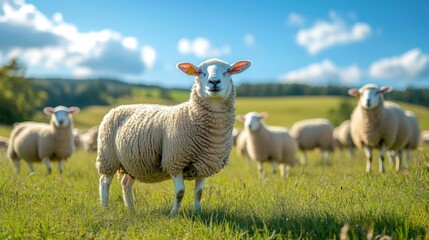 Obraz premium Large herd of sheep peacefully grazing on lush green field under a bright blue sky. Flock of sheep