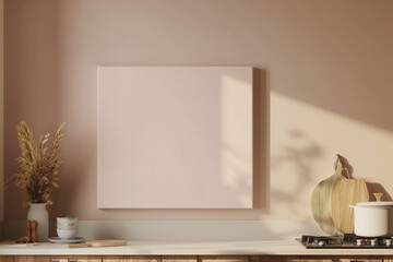 Modern kitchen interior with warm lighting highlights a blank frame on the wall, enhancing the perfect design for culinary blogs and food preparation posts