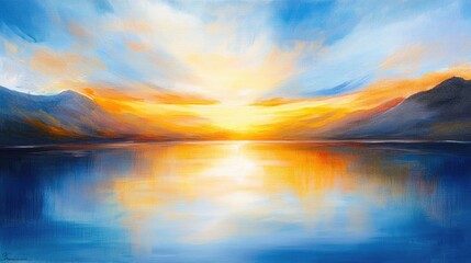 Oil painting depicting a lakeside sunset with natural landscapes featuring reflections a blue sky and warm golden sunlight