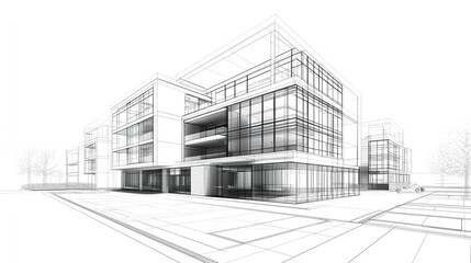 Architectural wireframe of a modern building complex with glass facades and multiple levels.