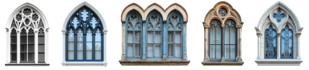 Fototapeta premium Gothic-style arched windows with intricate architectural details, historical building facade, transparent background