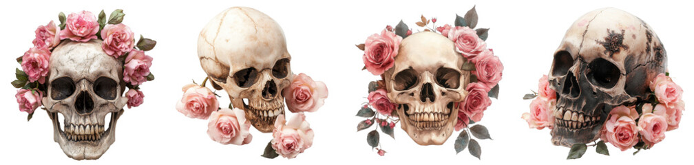 Obraz premium Human skulls decorated with orange marigold flowers, festive Dia de los Muertos art, transparent background