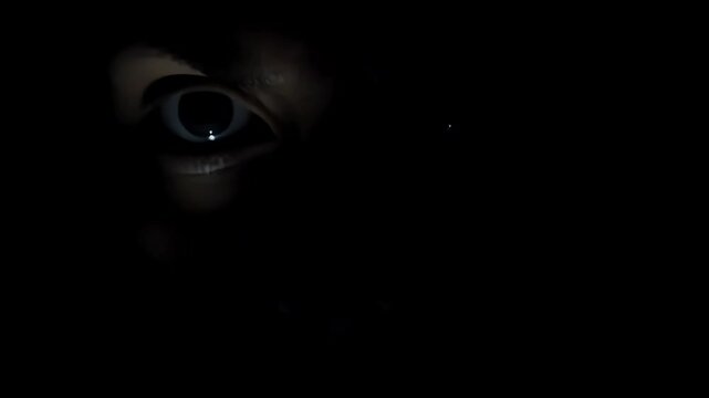 Mysterious shadows conceal a figure with a piercing gaze, creating an unsettling presence that evokes madness and suspense, filling the atmosphere with fear and tension, loop