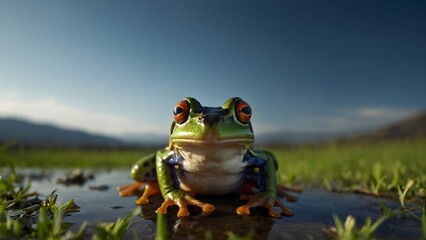 Frog basking on a sunlit rock, absorbing warmth and light in its natural habitat