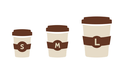 Vector set of different takeaway hot and cold beverage sizes. Paper cup size chart: small, medium, large, Coffee ot tea to go. Take away. Vector design