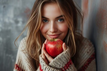 Portrait of smiling woman holding red apple in cozy sweater