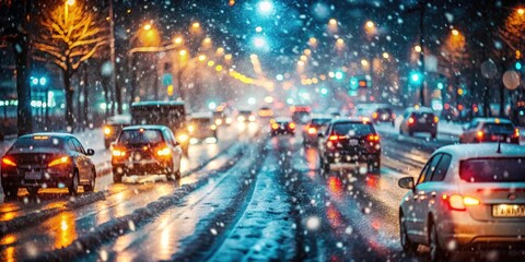 Fototapeta premium Snowstorm at night Traffic on wintry road in blurred view