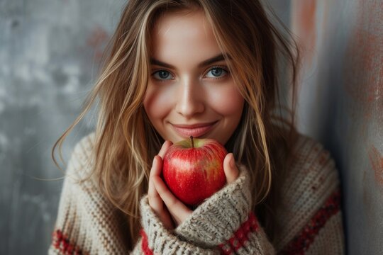 Portrait of smiling woman holding red apple in cozy sweater