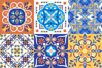 Mexican Talavera Ceramic Tiles. Spanish Maiolica. Portuguese Azulejos Tiles. Colorful decorative stickers for tiles with floral patterns. Ceramic Ethnic folk ornament.