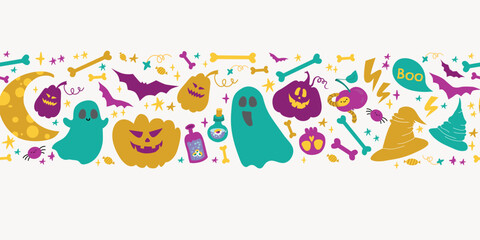 Cute hand drawn Halloween horizontal pattern with pumpkin and magic elements.