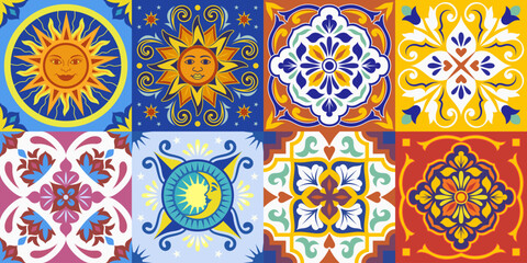 Mexican Talavera Ceramic Tiles. Spanish Maiolica. Portuguese Azulejos Tiles. Colorful decorative stickers for tiles with floral patterns. Ceramic Ethnic folk ornament.