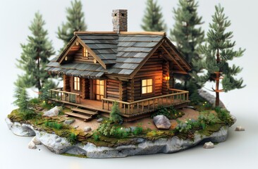 3d diorama model of black cabin in the woods