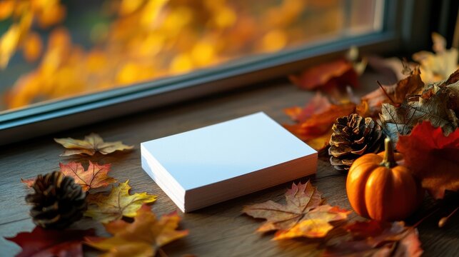 Stack of blank business cards placed near a window with autumn leaves and pumpkins