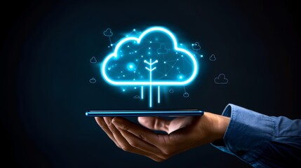 Cloud Computing Concept Glowing Cloud Icon, Network Connections, and Person Holding Smartphone