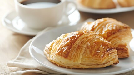 Two croissants on a white plate next to a cup of coffee.