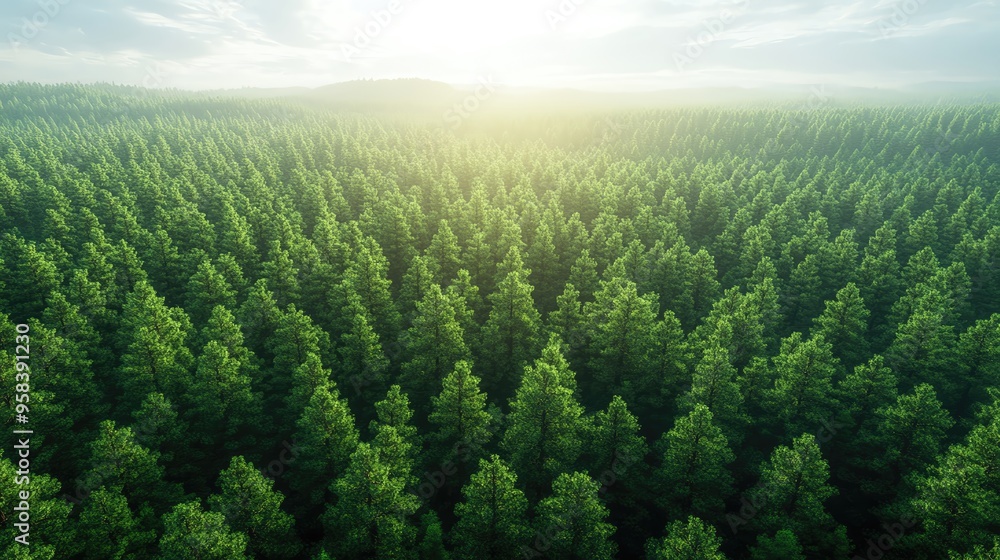 Poster breathtaking aerial view of a dense forest with tall trees illuminated by soft sunlight, creating a 
